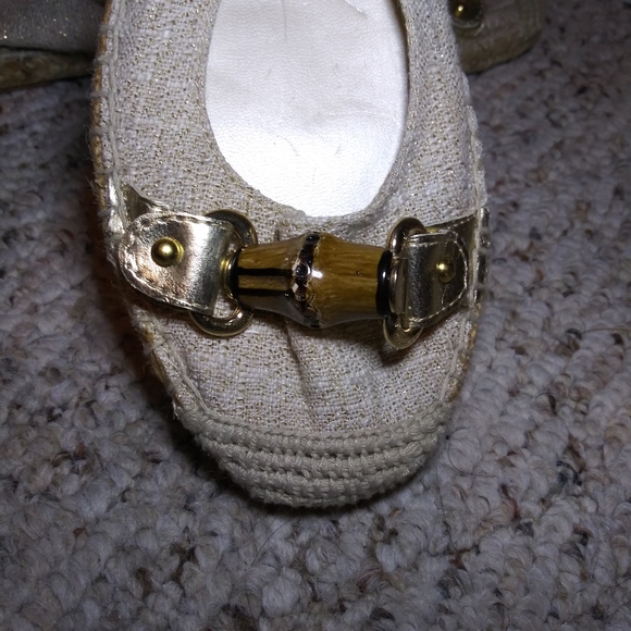 Etienne Aigner Unice Bamboo Accent Sparkly Gold Linen Espadrille Ballet Flats - Picture 5 of 9